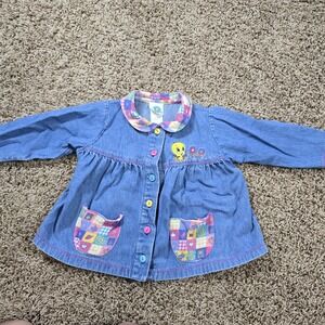 Vintage Tweety Denim Romper Jacket in Blue with Patchwork Accents